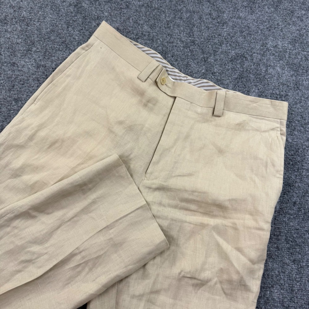 Calvin Klein Linen Trousers 32W x 28L Beige Straight Leg Flat Front Altered Mens